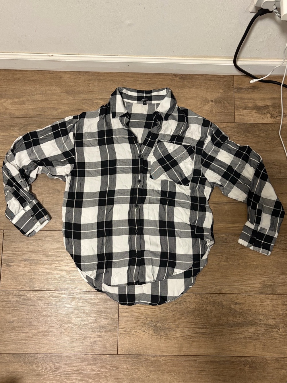Express Black & White Plaid Flannel Button-Up Shirt